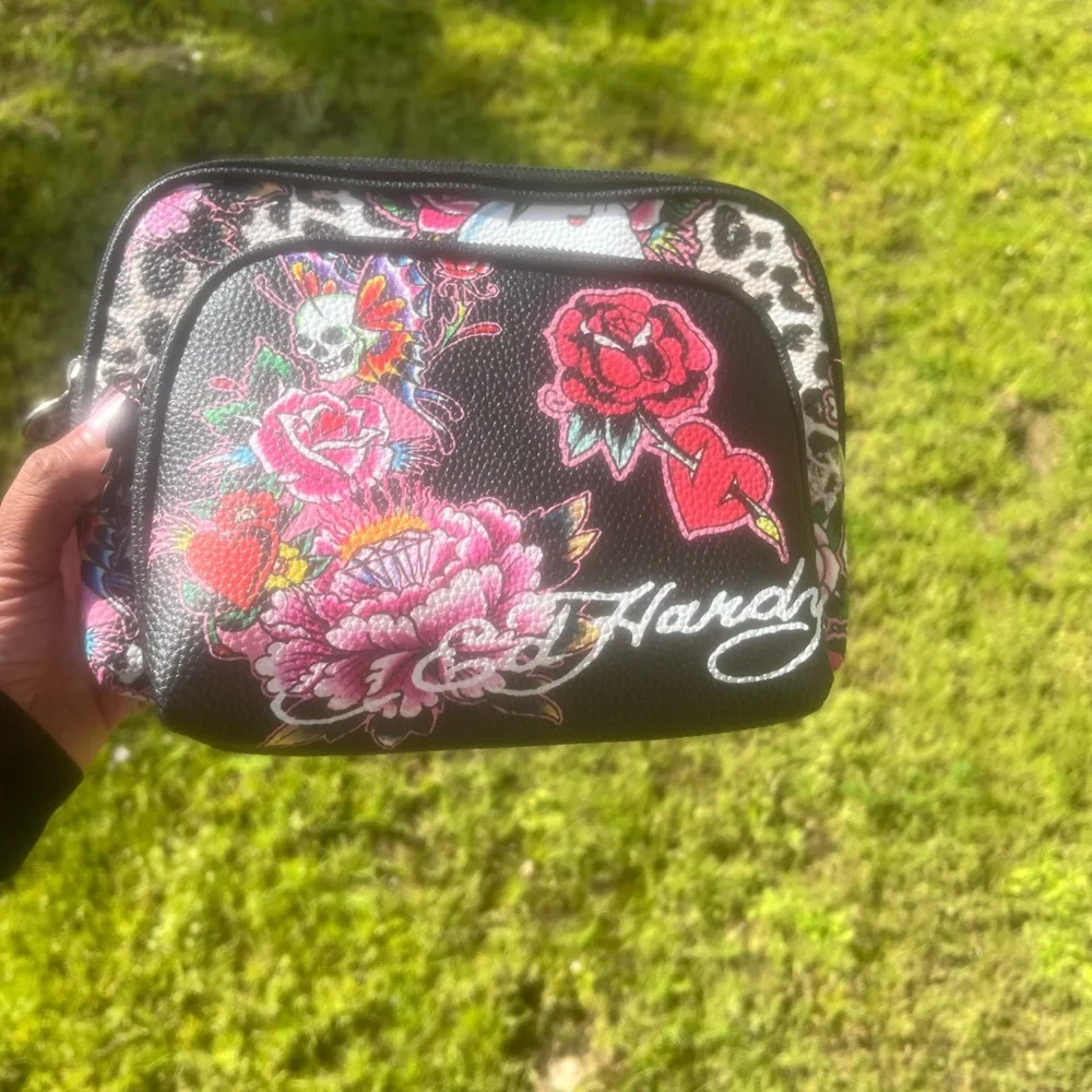Ed Hardy Black Floral Heart Cosmetic Pouch with Pink & Red Accents